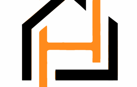 Het officiele logo van Haarsma, timmerbedrijf in Friesland. een oranje H binnen een Zwarte omlijning van een Huis
